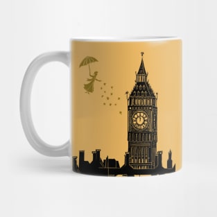 Mary Poppins and Big Ben Linocut in black and yellow Mug